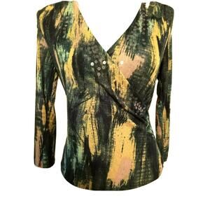 Jones New York Collection Womens Green Watercolor Print Lined Wrap Style Top PS